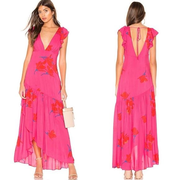 Free People Tropical Hawaiian Hibiscus Hot Pink Floral Maxi Dress Size 0 XS - Picture 2 of 15